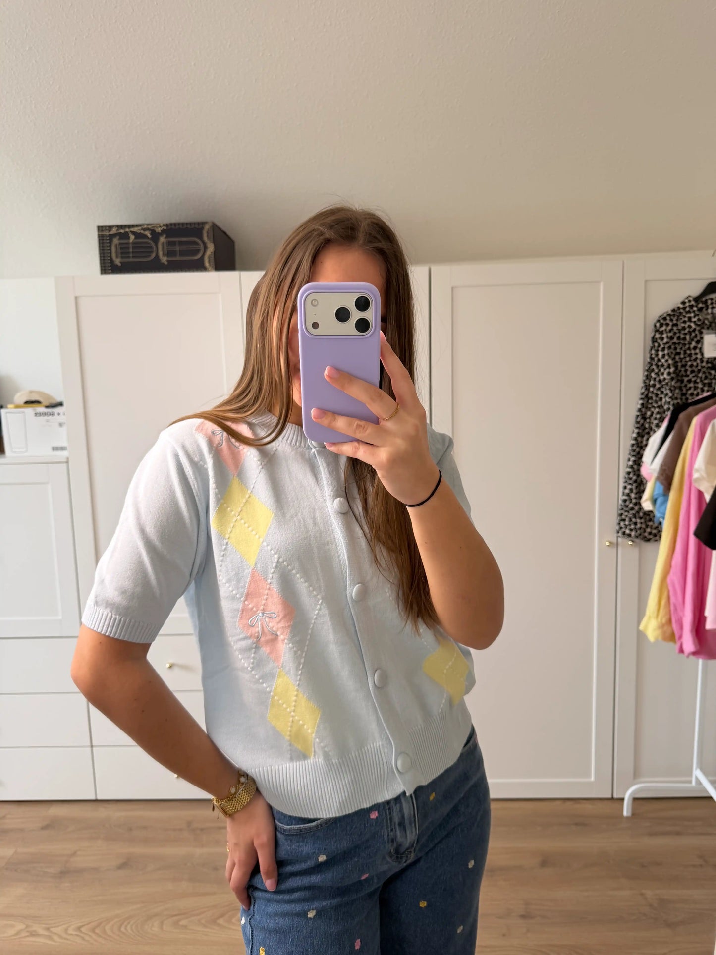 Leichtstrickjacke "Pastel Argyle" Hellblau