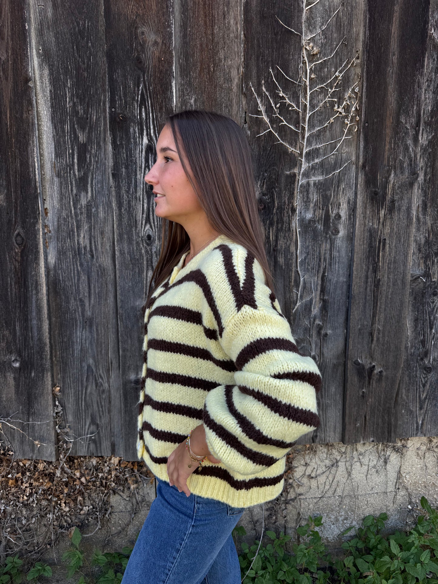 Cardigan "BrownStripe" Pastellgelb