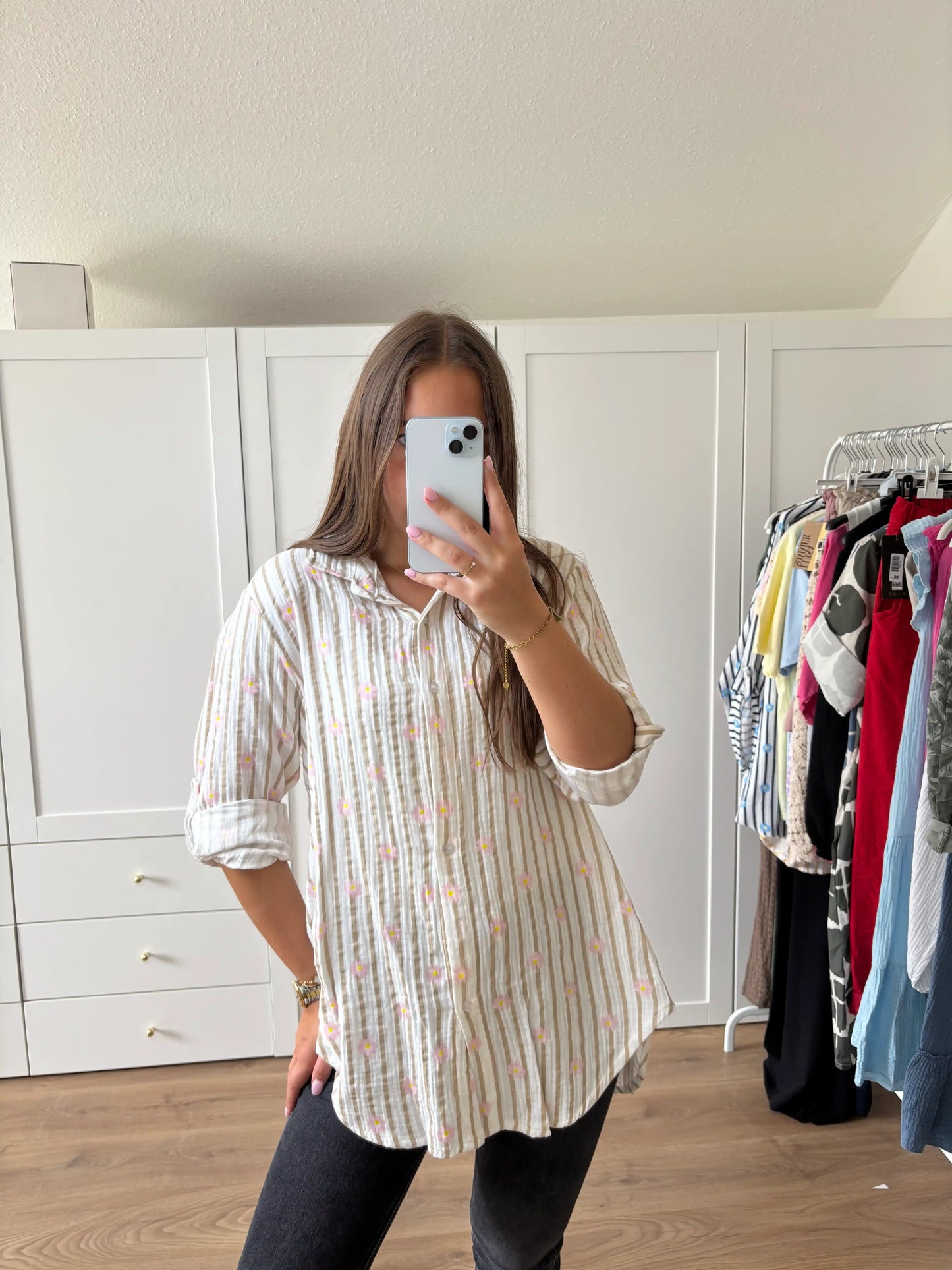 Musselinbluse "Flower" Taupe