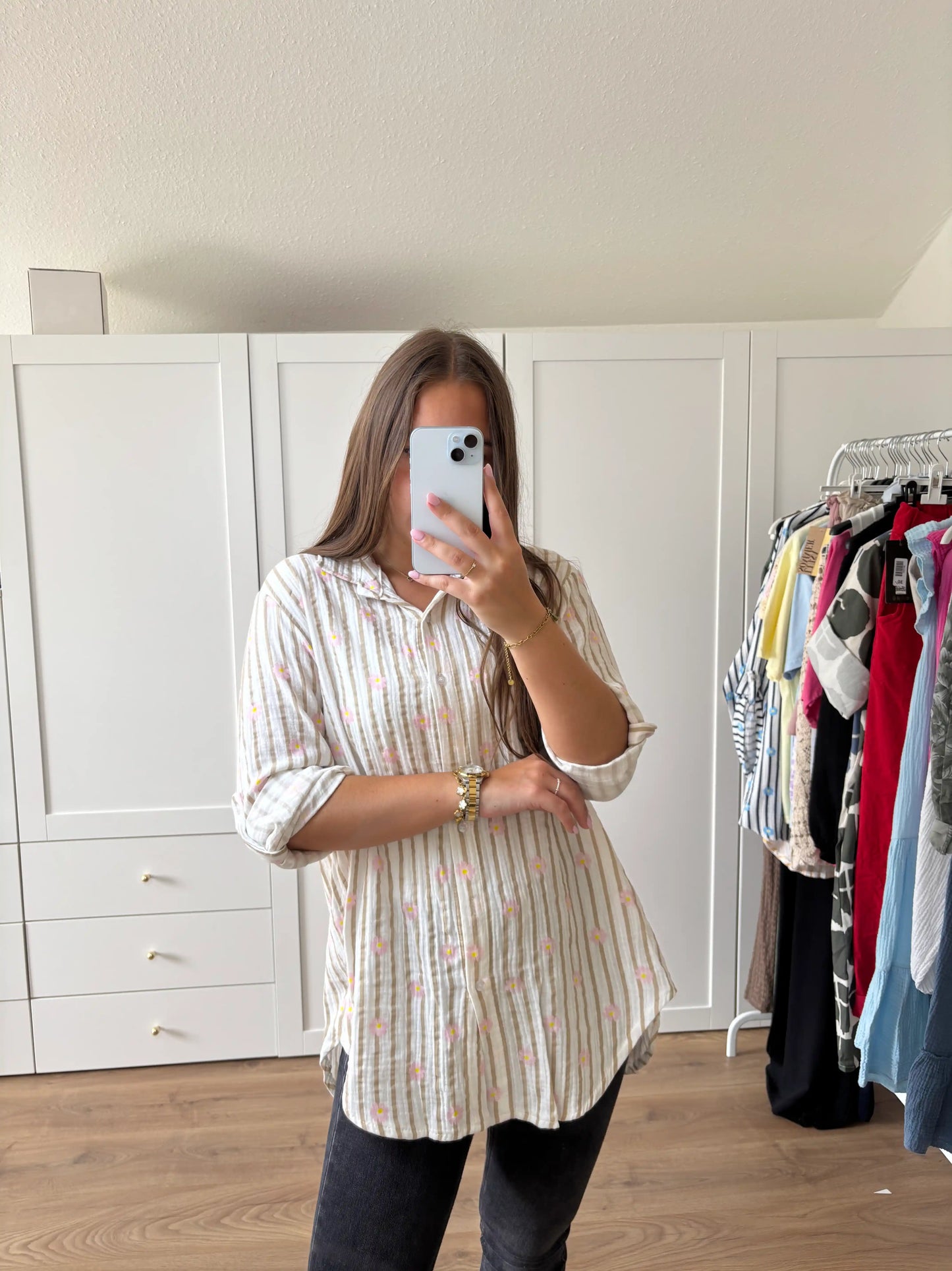 Musselinbluse "Flower" Taupe