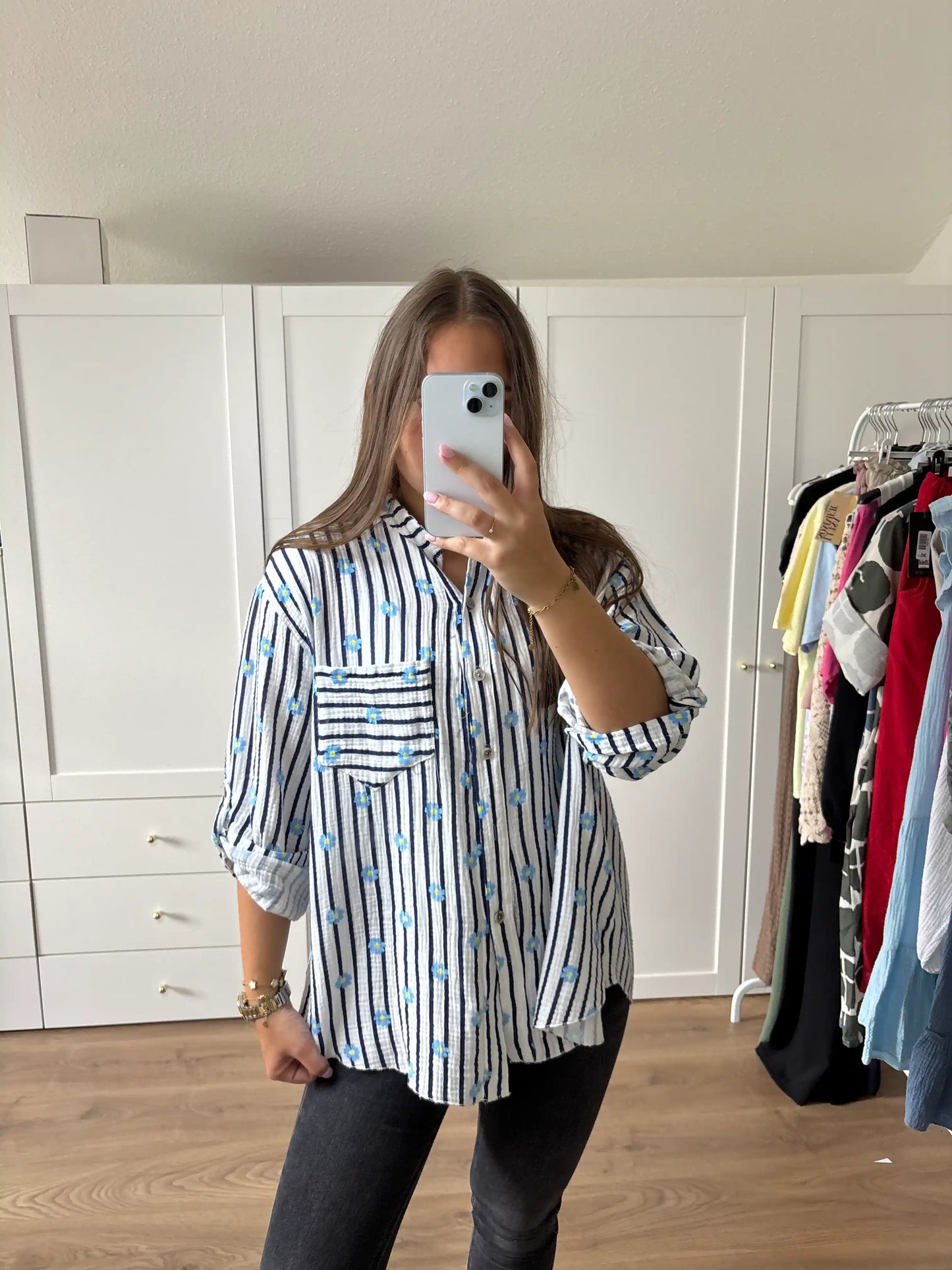Musselinbluse "Flower" Dunkelblau