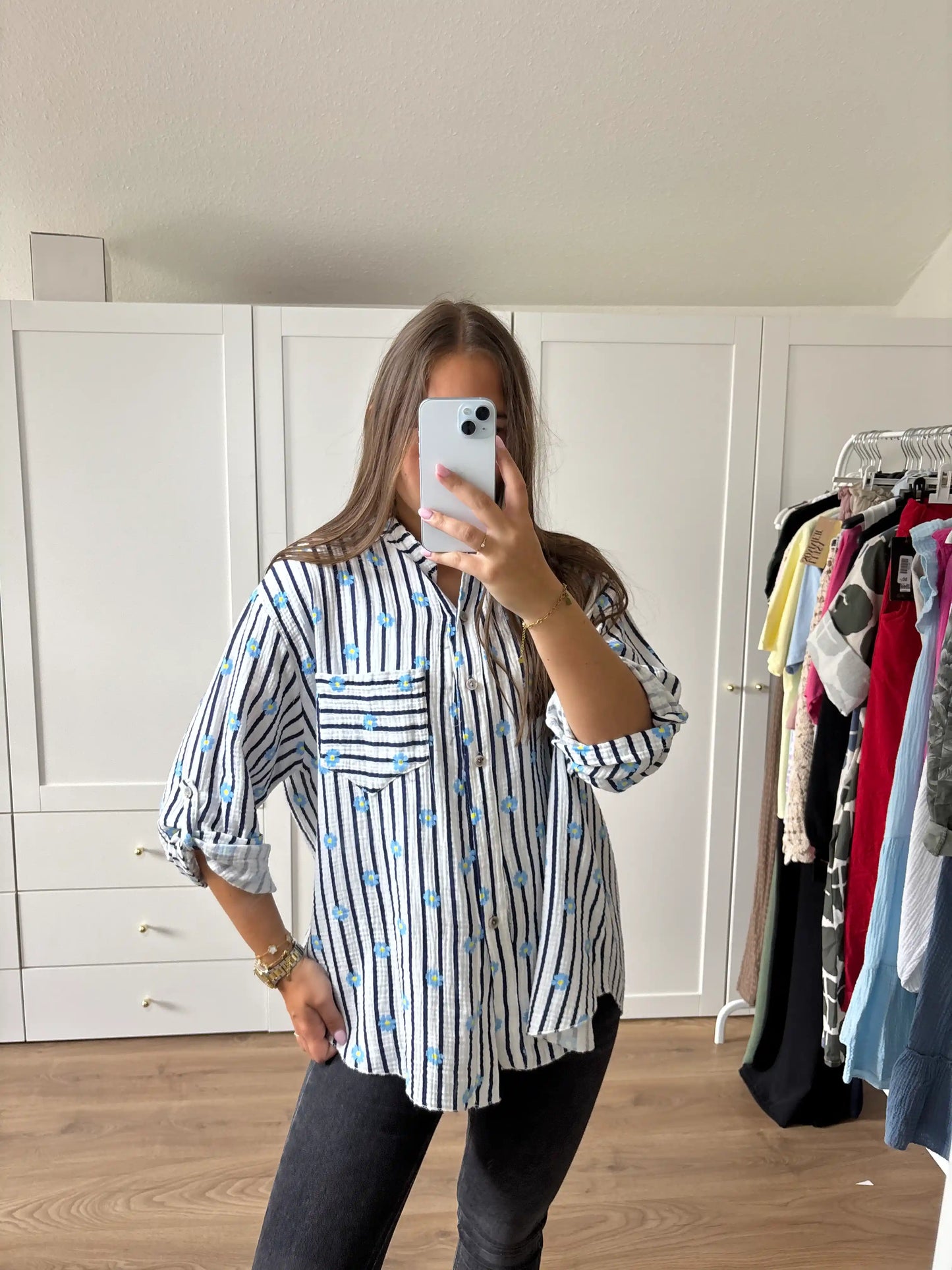 Musselinbluse "Flower" Dunkelblau