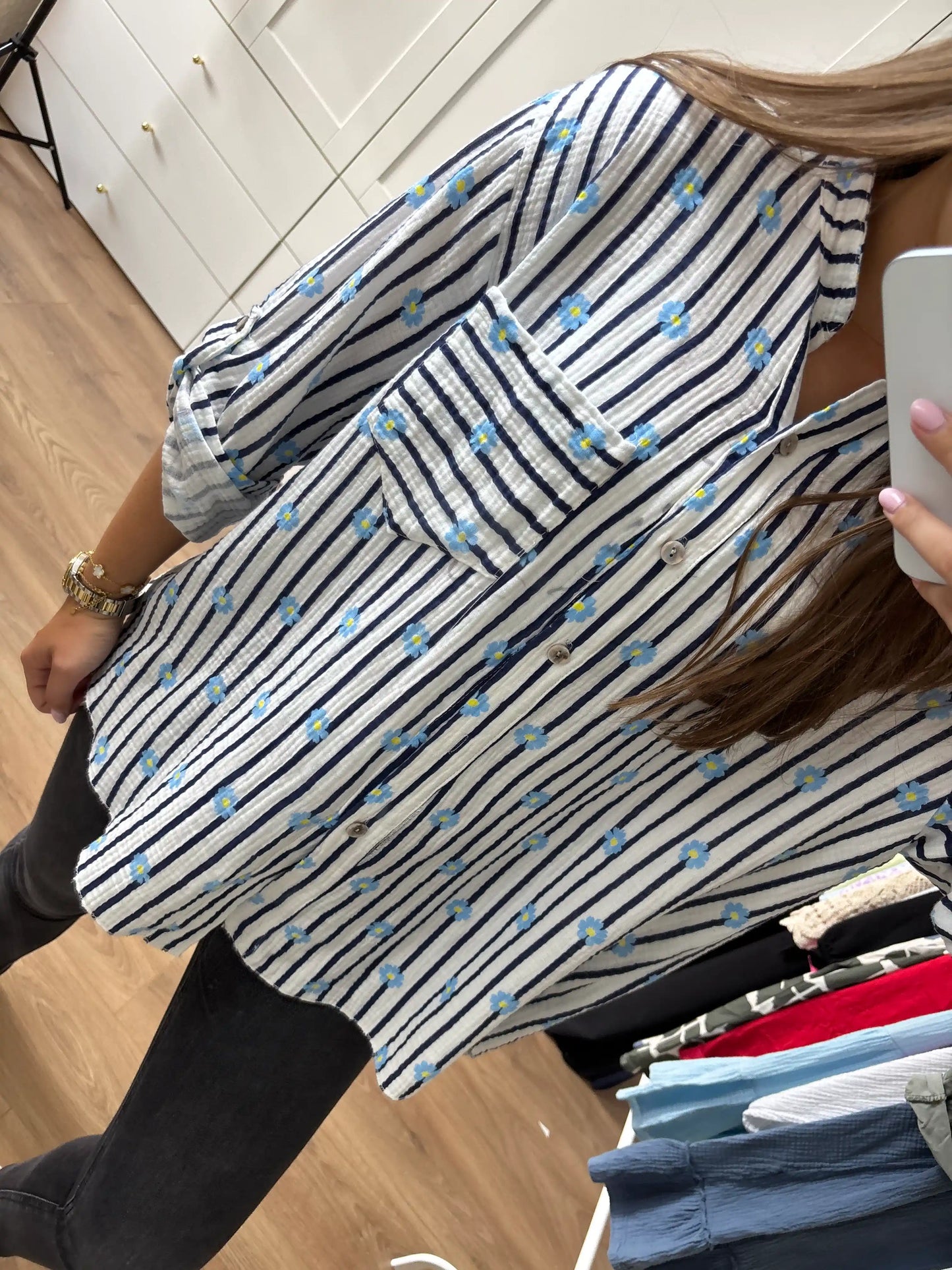 Musselinbluse "Flower" Dunkelblau