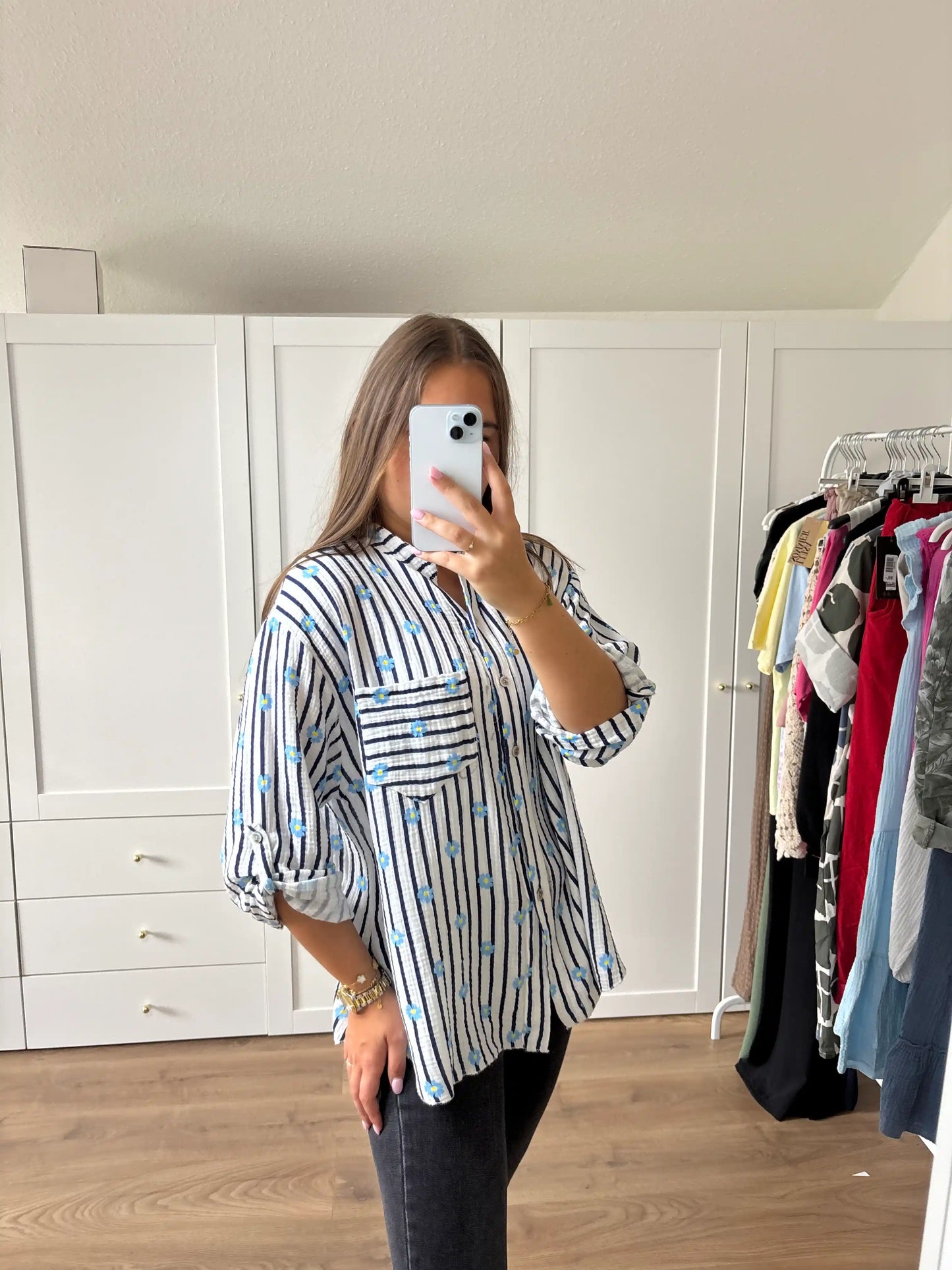 Musselinbluse "Flower" Dunkelblau