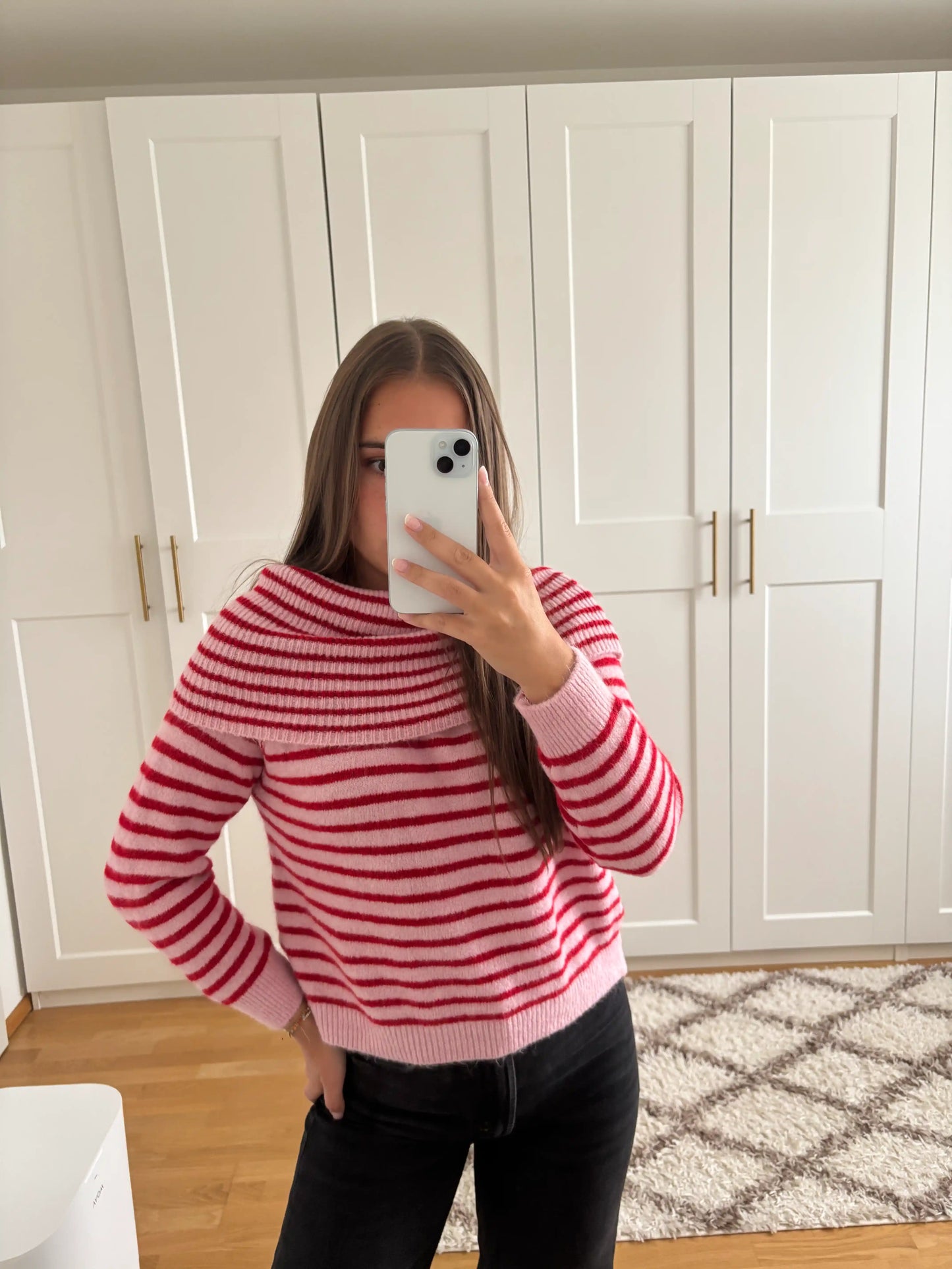 Off-Shoulder-Pullover "Streifen" Rot