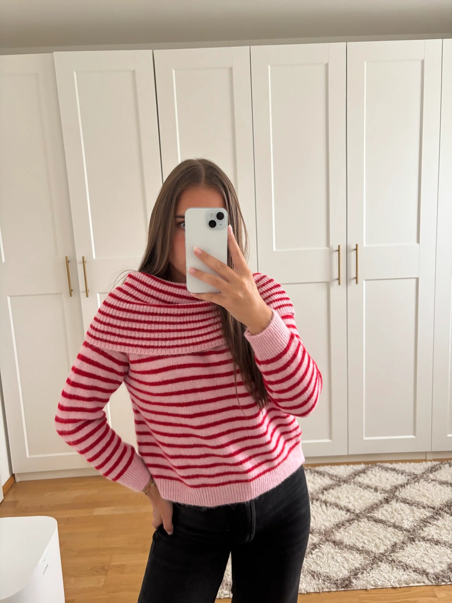 Off-Shoulder-Pullover "Streifen" Rot