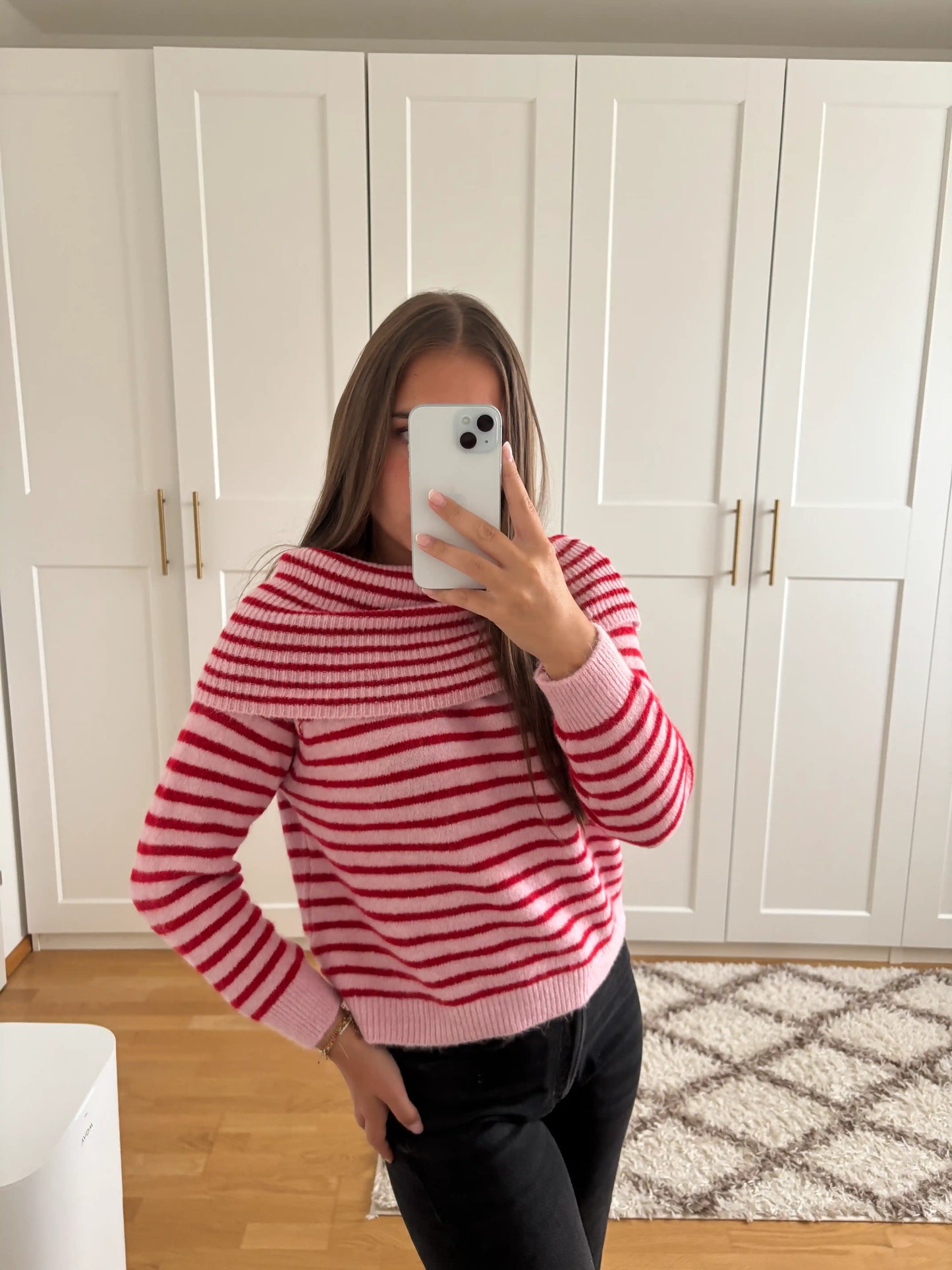 Off-Shoulder-Pullover "Streifen" Rot