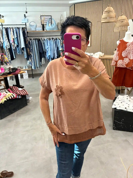Shirt "Häkelblume" Braun