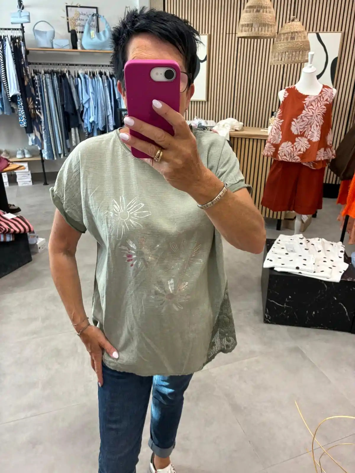 Shirt "Daisyprint" Olivegrün