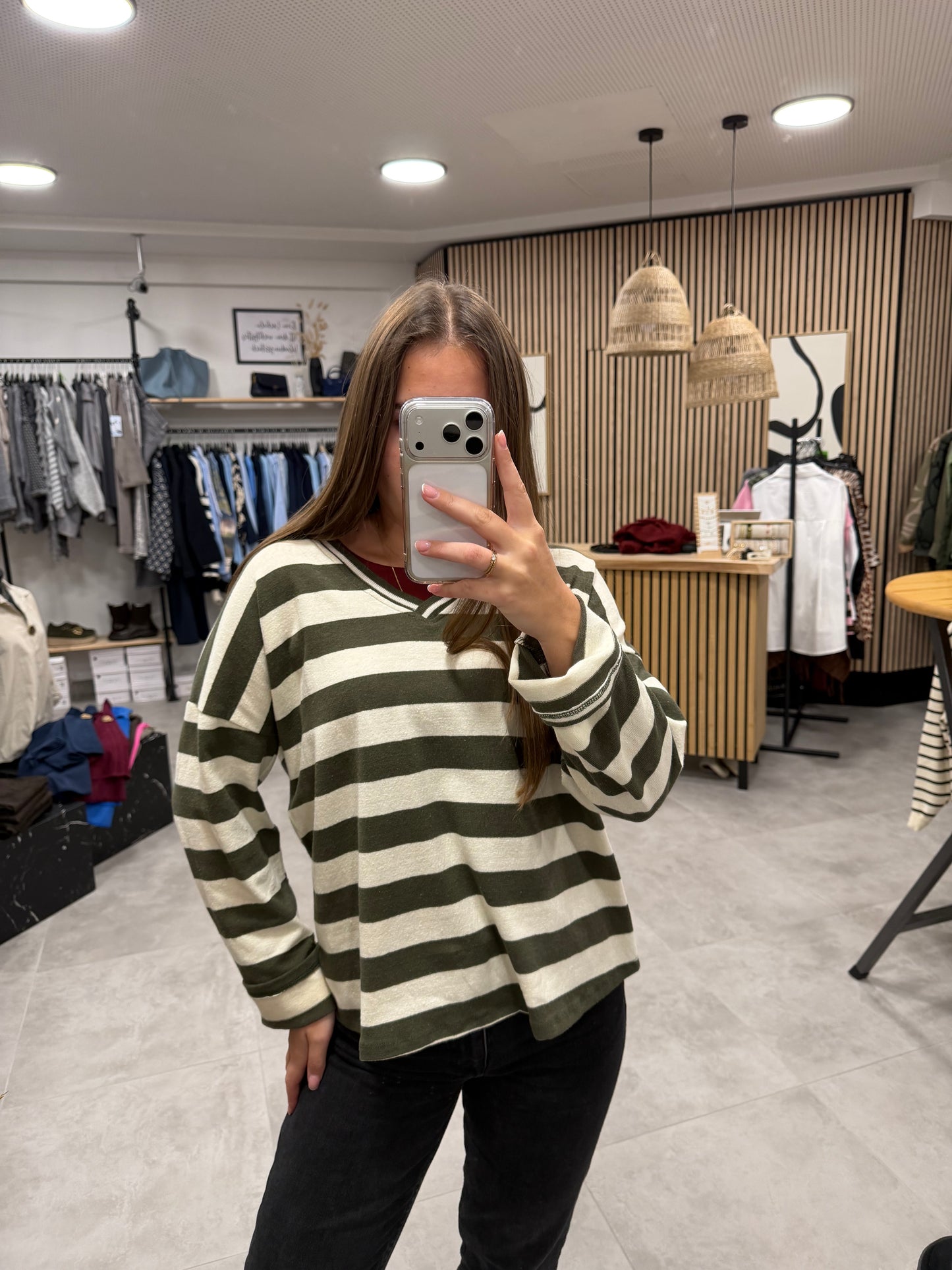 Langarmshirt "Stripe" Olivegrün