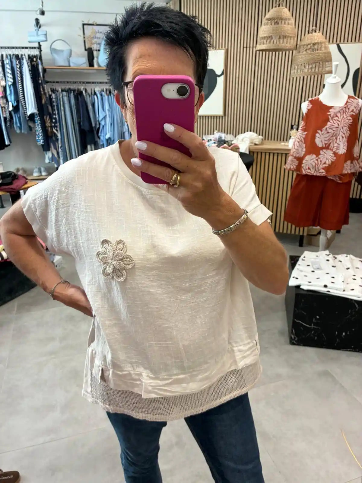 Shirt "Häkelblume" Beige