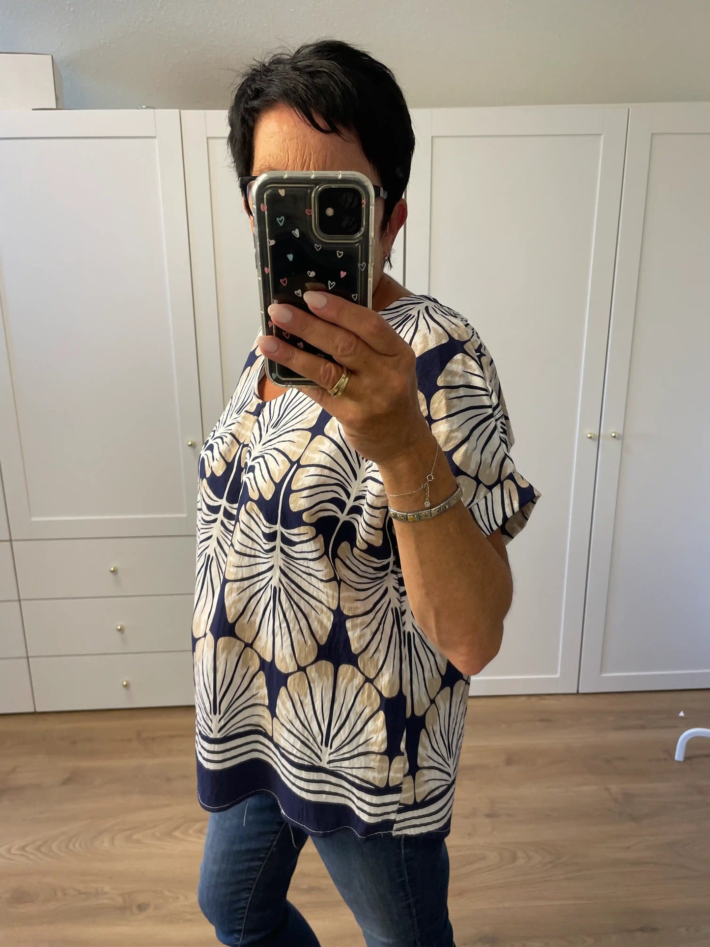Bluse "Blätter" Dunkelblau