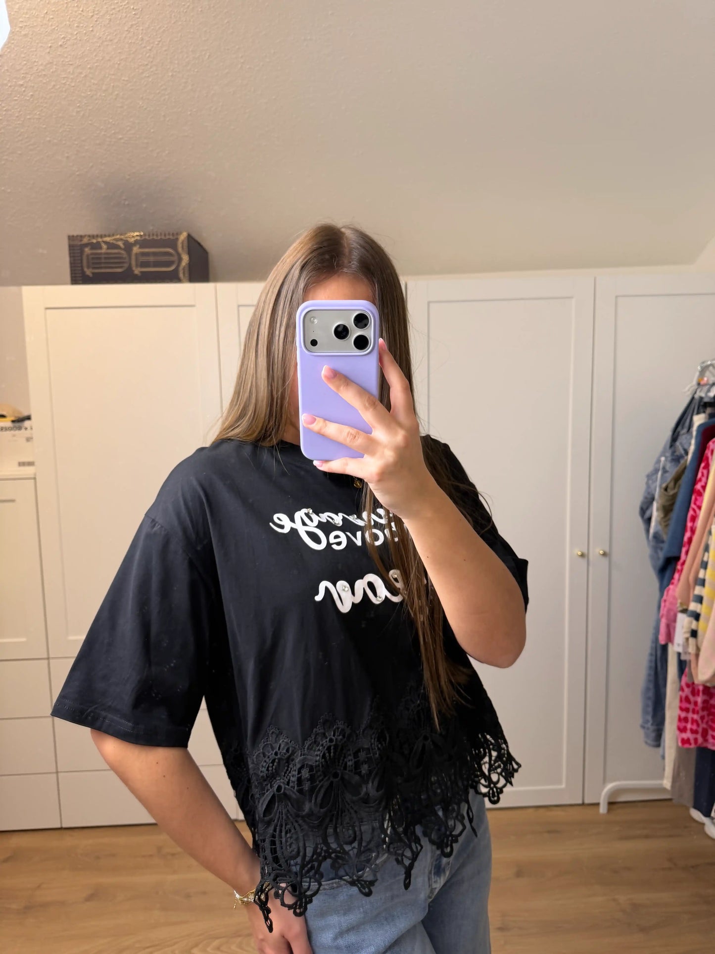 Kurzarmshirt "Spitzenlady" Schwarz