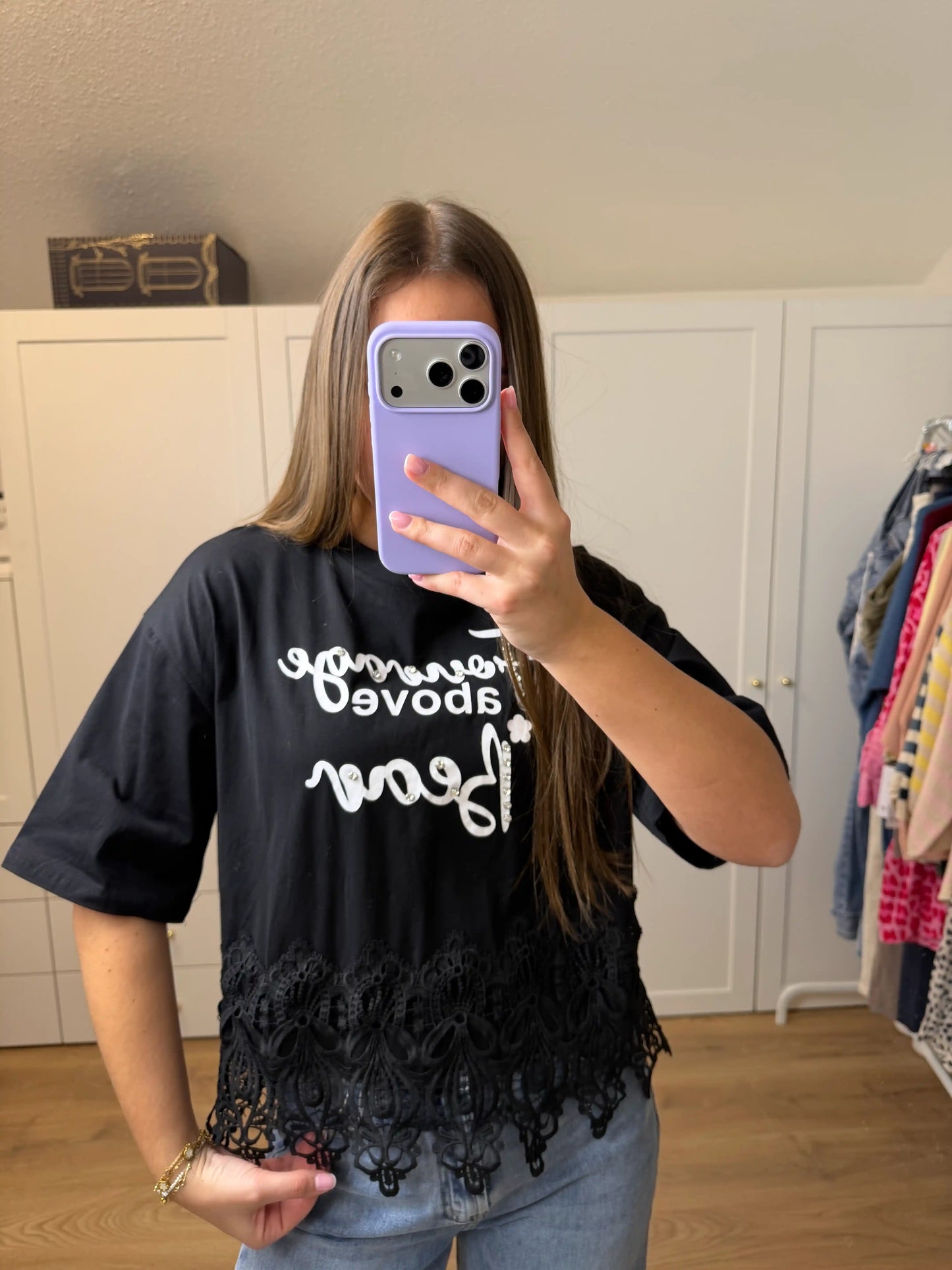 Kurzarmshirt "Spitzenlady" Schwarz
