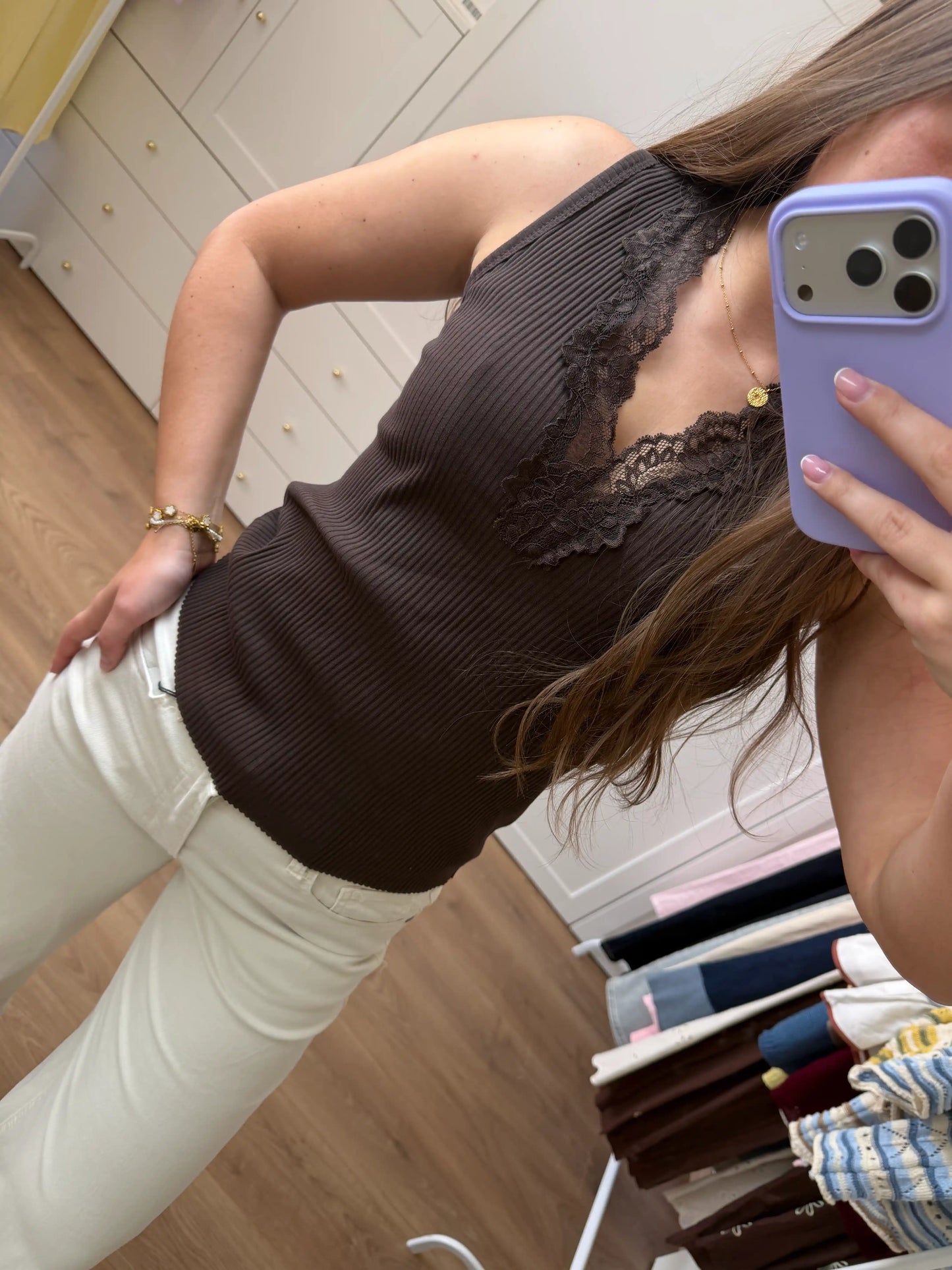 Trägershirt "Lace Rib" Schokobraun