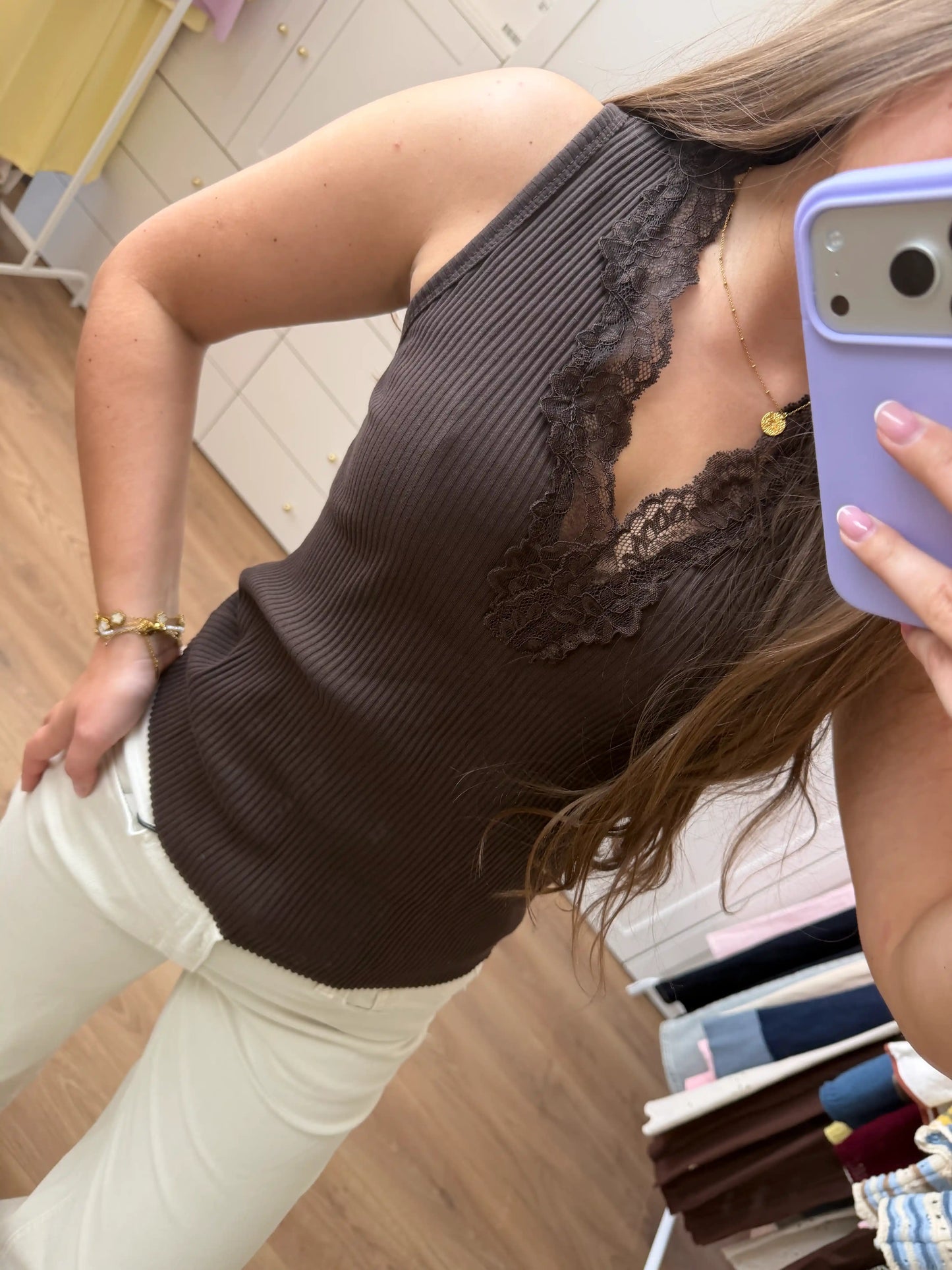 Trägershirt "Lace Rib" Schokobraun