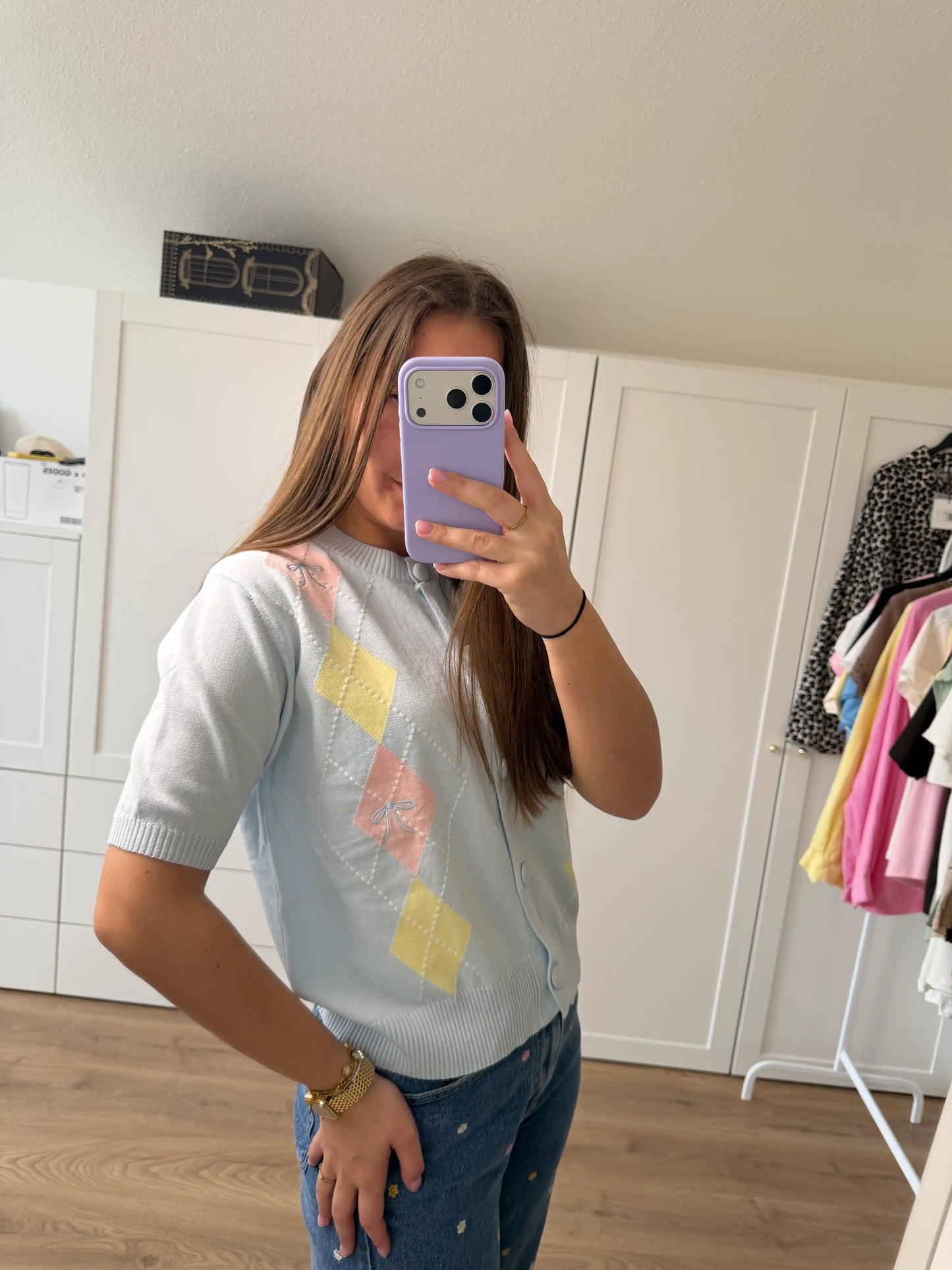 Leichtstrickjacke "Pastel Argyle" Hellblau