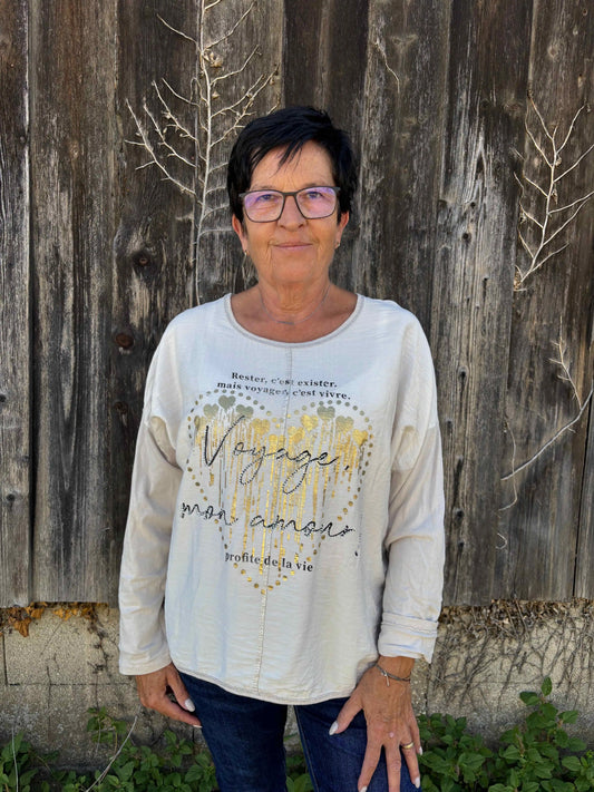 Langarmshirt "Voyage mon amour" Beige