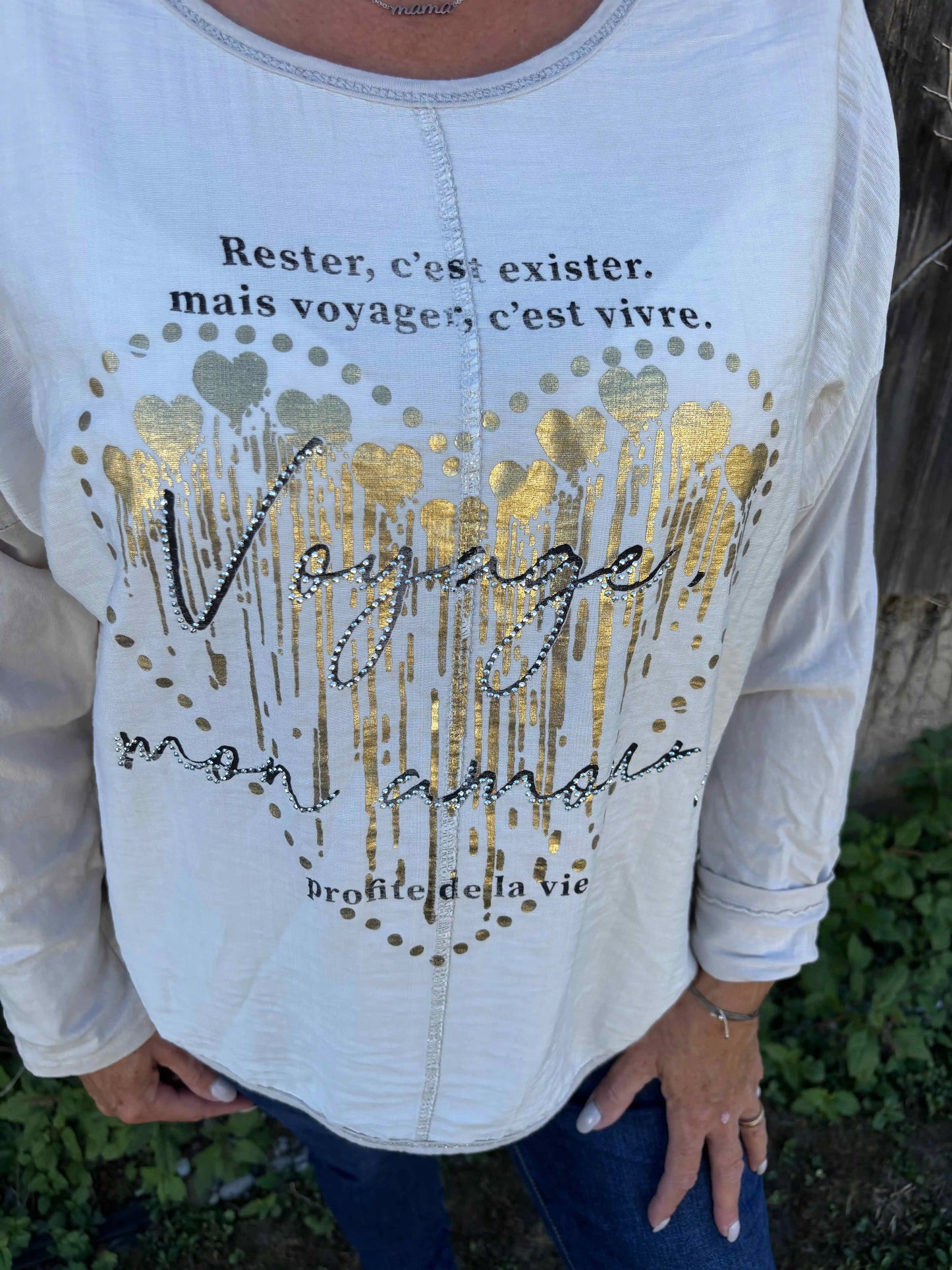 Langarmshirt "Voyage mon amour" Beige