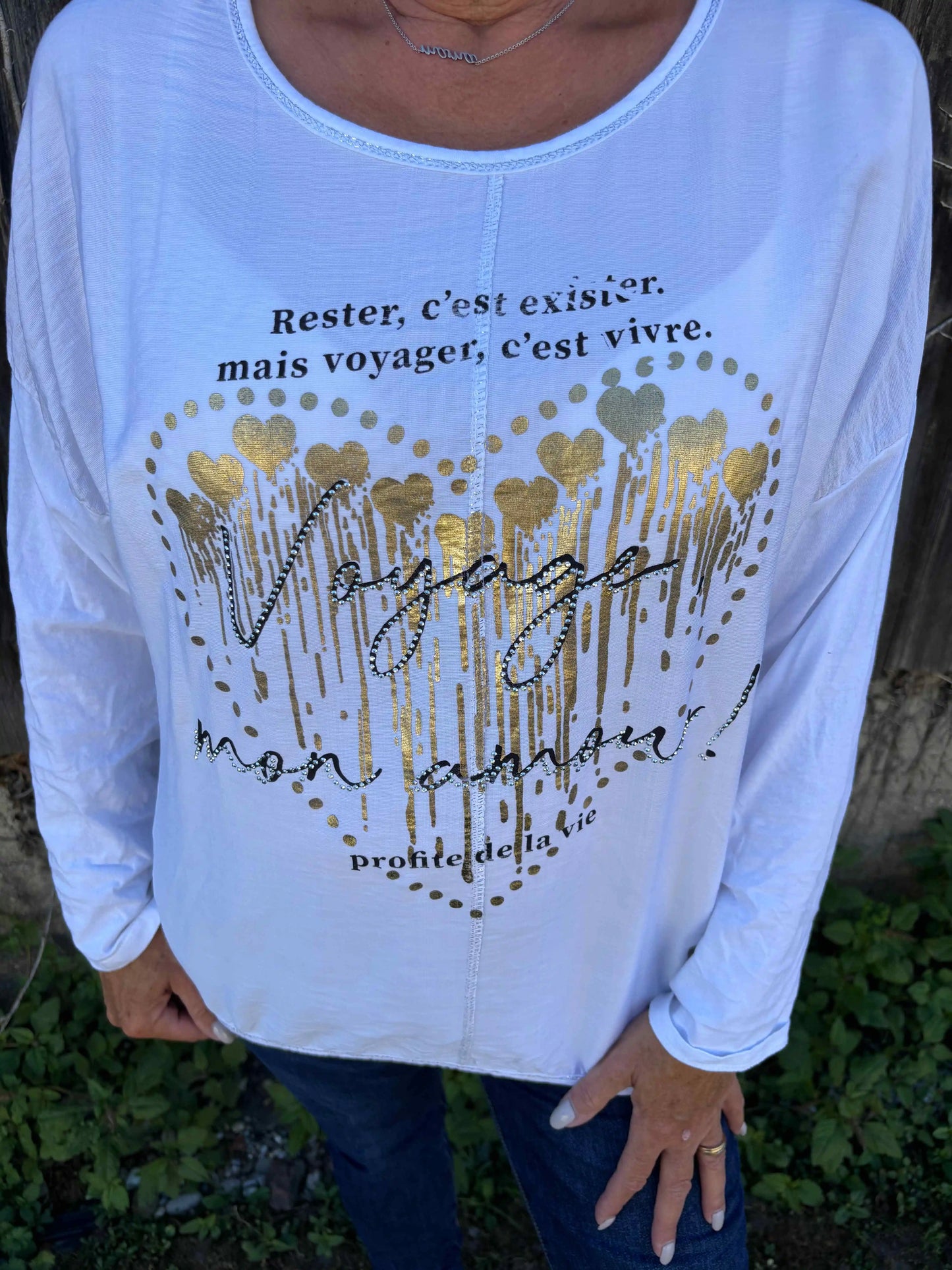 Langarmshirt "Voyage mon amour" Beige