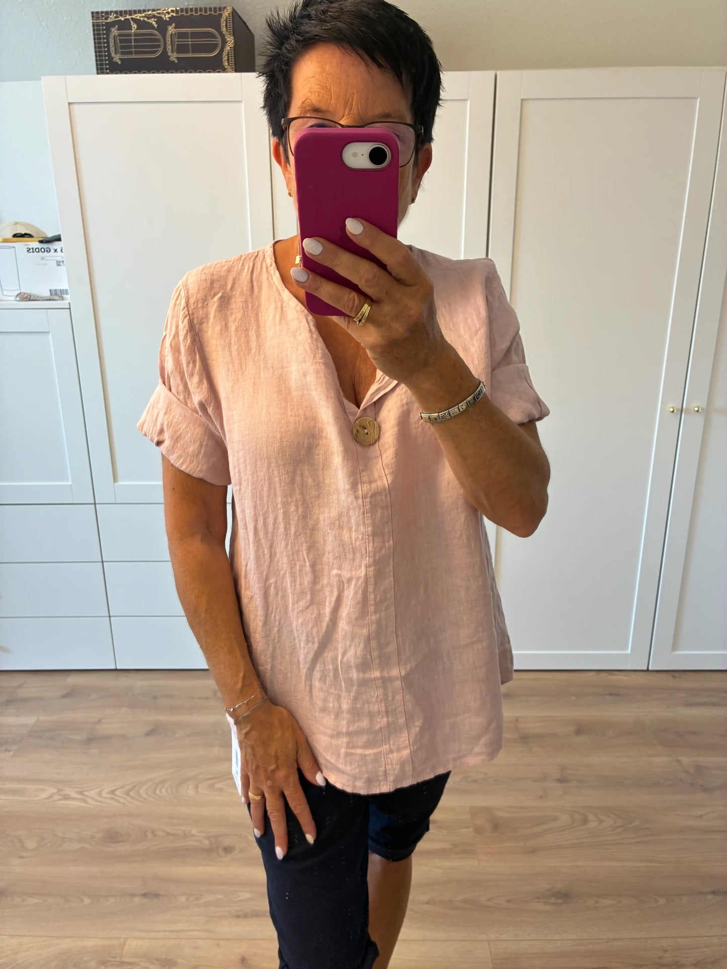 Leinenbluse "Holzknopf" Rosa
