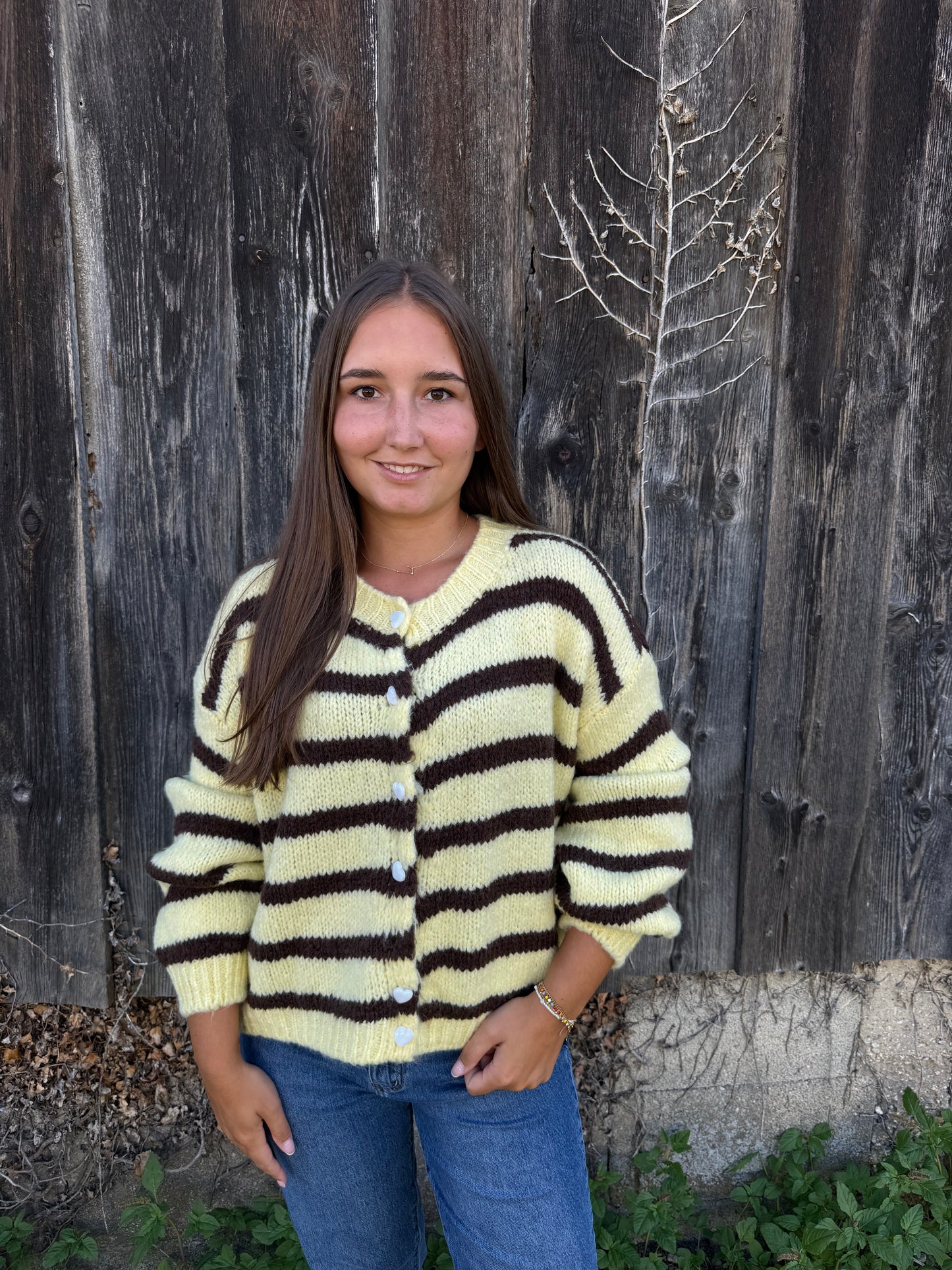 Cardigan "BrownStripe" Pastellgelb