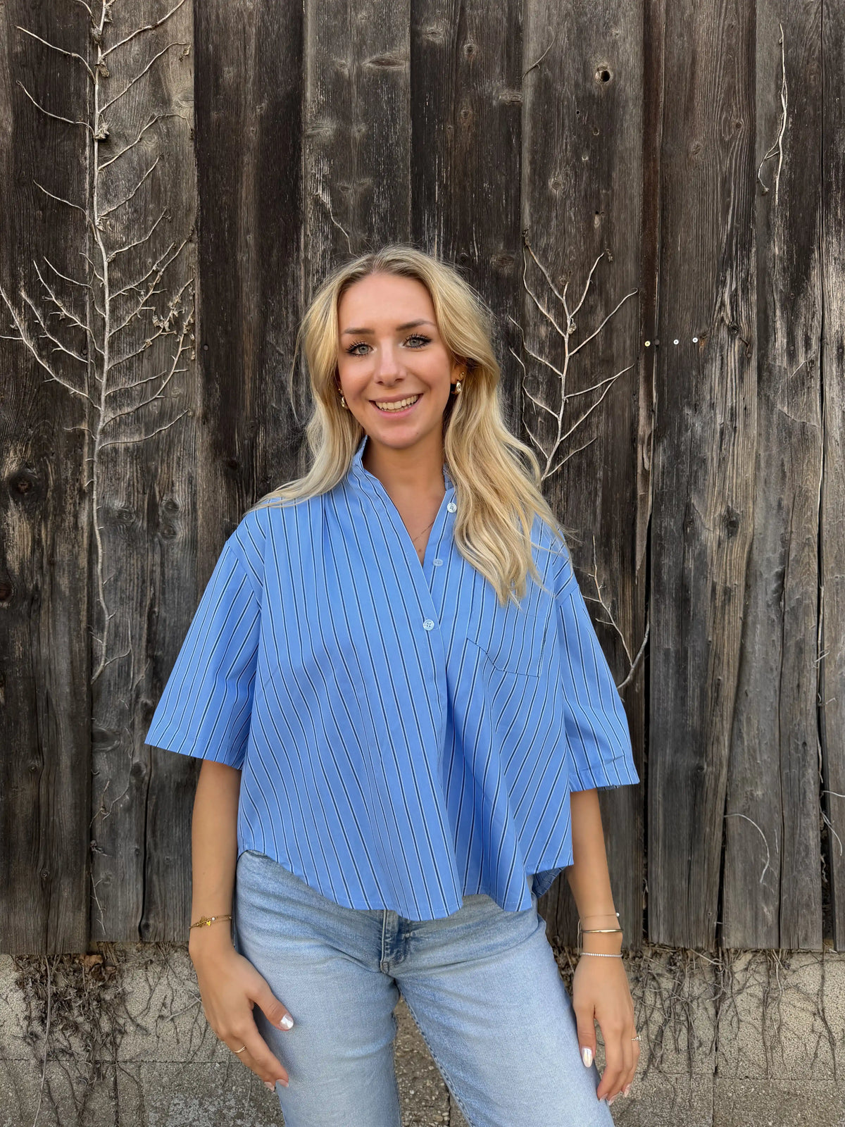 Crop-Bluse "Pinstripe" Blau