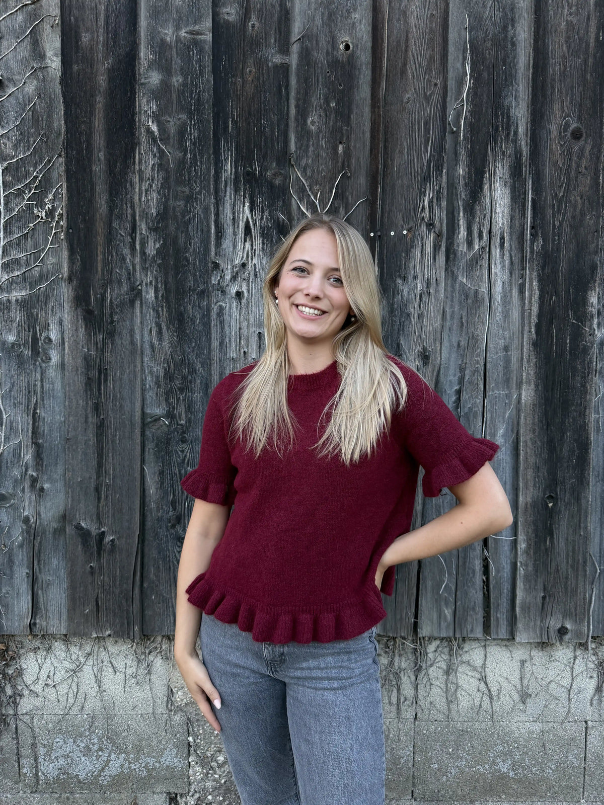 Strickshirt "Ruffle Knit" Weinrot