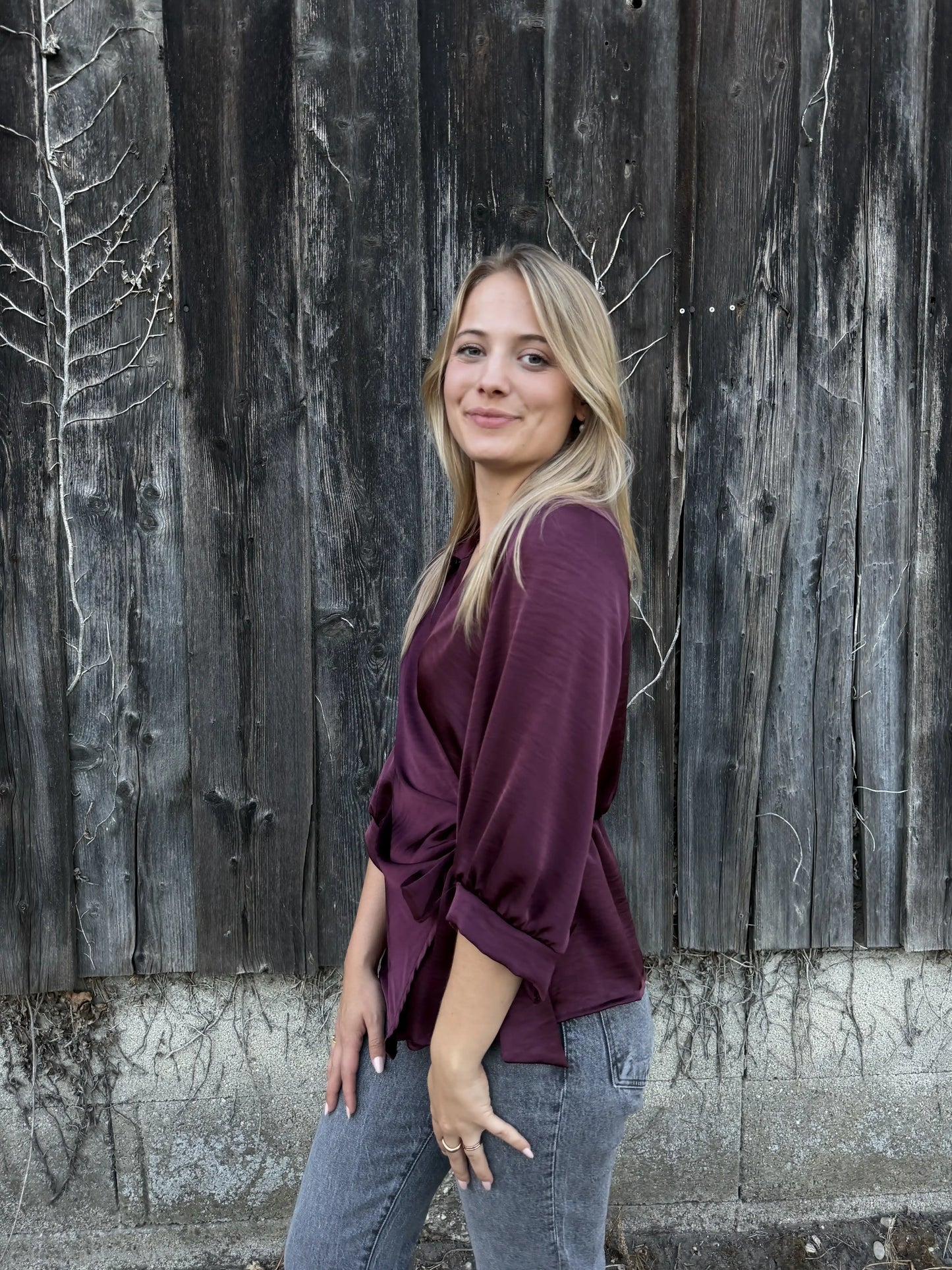 Satinbluse "Knoten" Weinrot