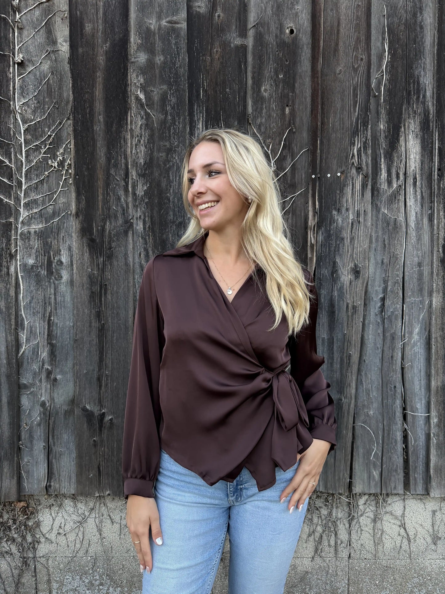 Satinbluse "Knoten" Schokobraun