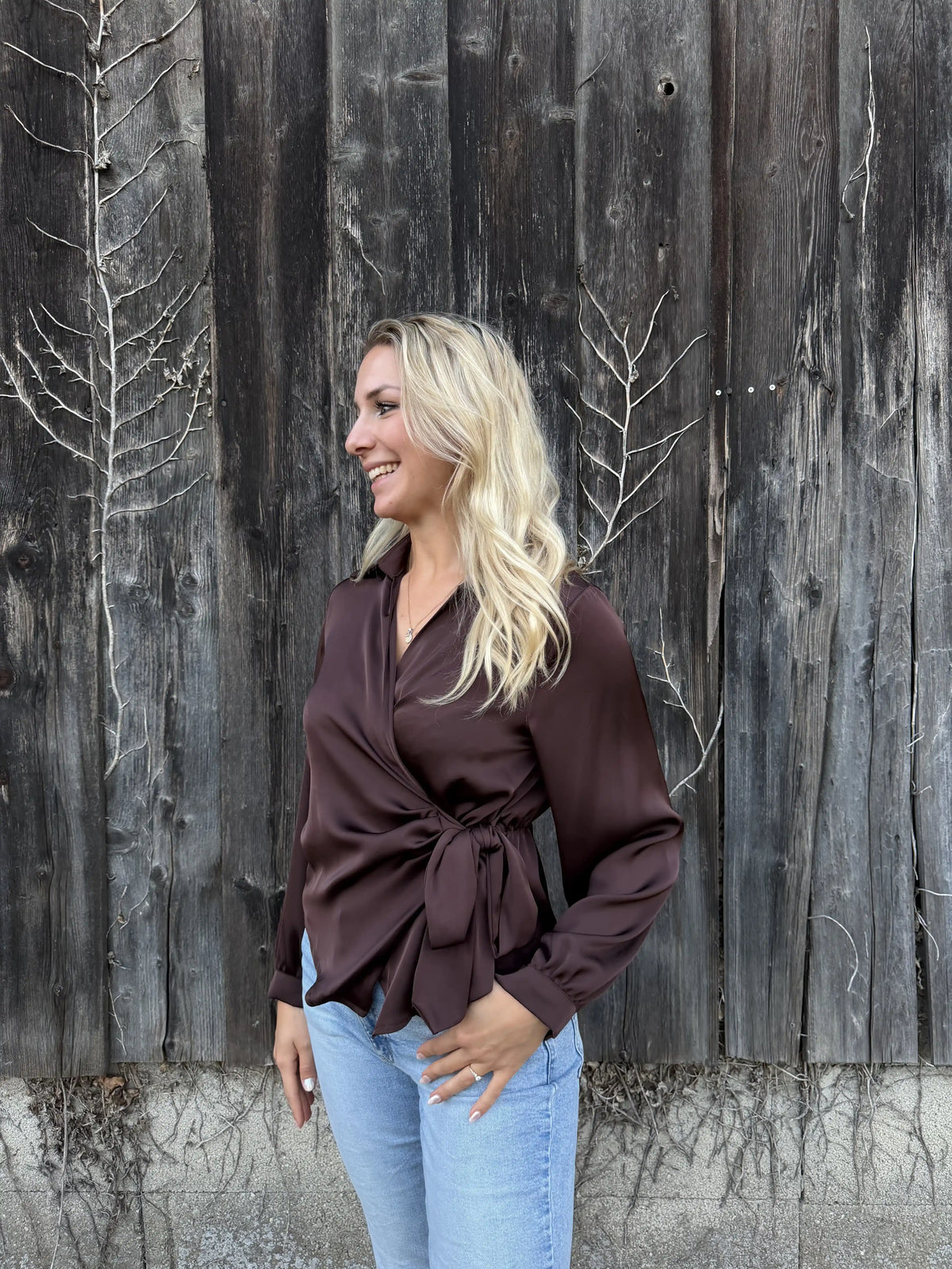 Satinbluse "Knoten" Schokobraun