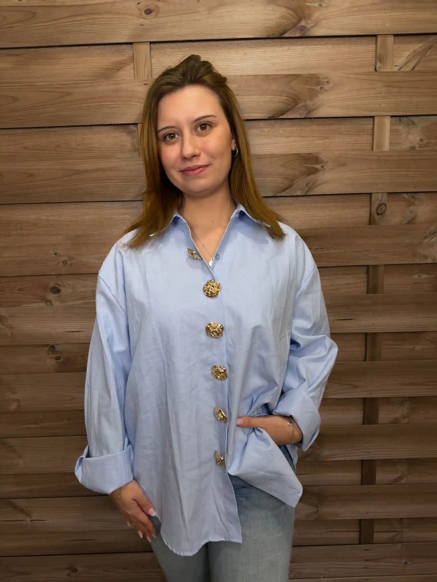 Bluse "Goldknopf" Hellblau