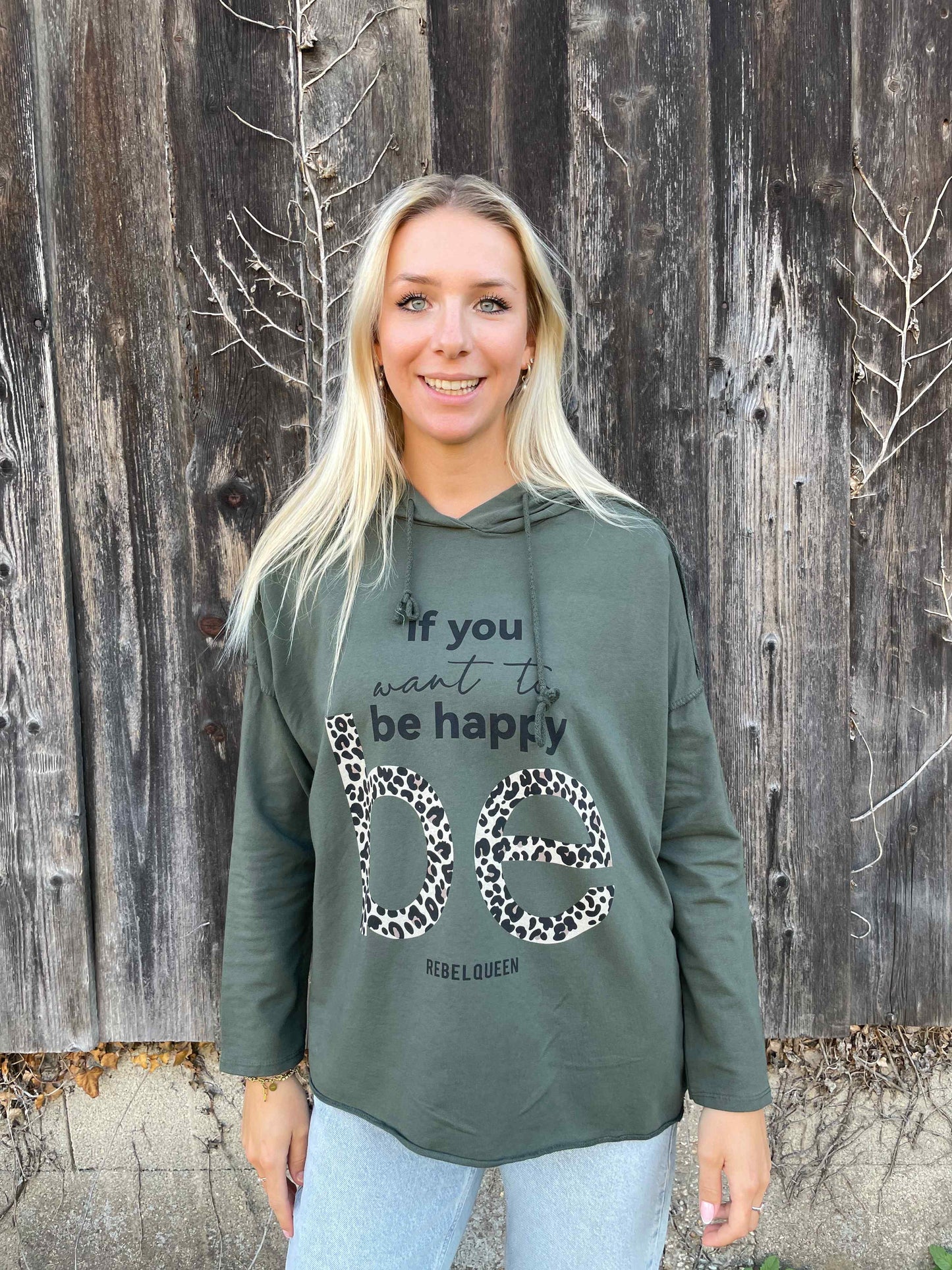 Kapuzenpullover "be happy" Olivegrün