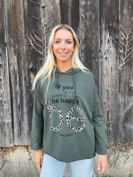 Kapuzenpullover "be happy" Olivegrün
