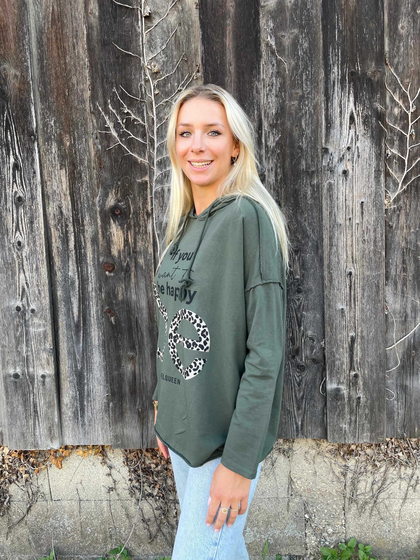 Kapuzenpullover "be happy" Olivegrün