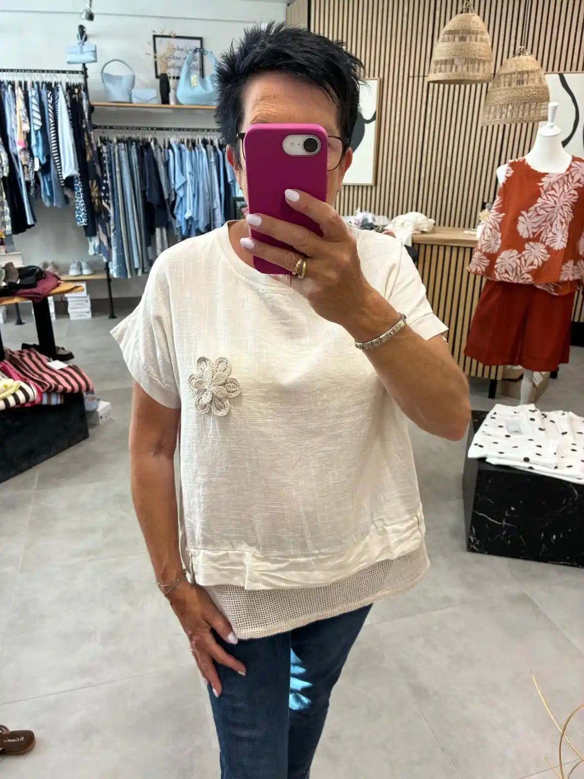 Shirt "Häkelblume" Beige